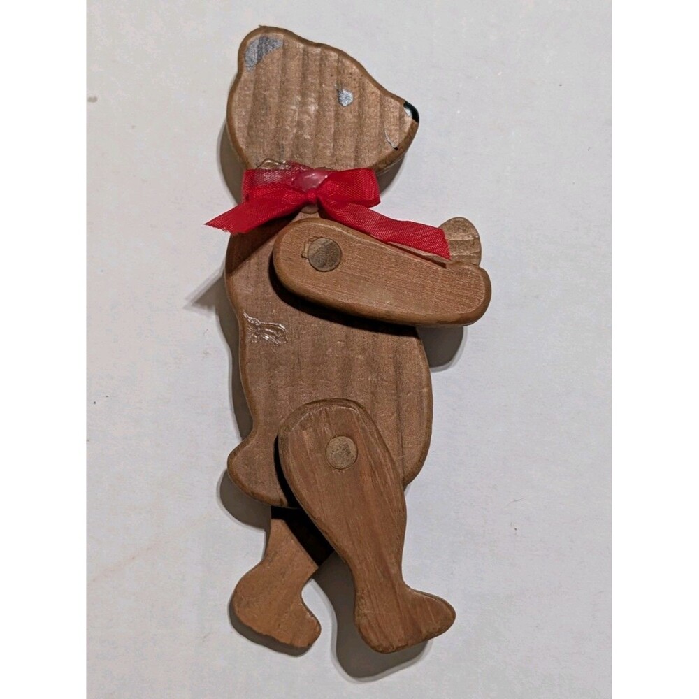 Vintage Jointed Wooden Teddy Bear Figurine Miniature Moveable Limbs Red Bow 5"